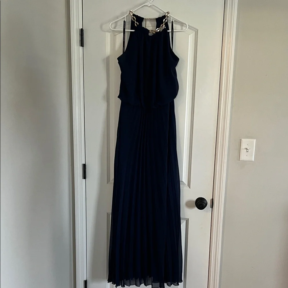Bisou Bisou Navy Pleated Halter Maxi Dress with Chain Accent - Picture 1 of 10